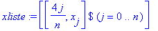 xliste := [`$`([4*j/n, x[j]],j = 0 .. n)]