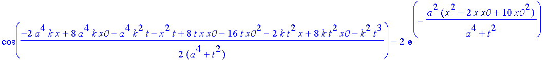 safe3 := 1/(a^4+t^2)^(1/4)*((Heaviside(x+x0)-Heaviside(x-x0))^2*(2*exp(-a^2*(x^2+6*x*x0+10*x0^2)/(a^4+t^2))*cos(1/2*(2*a^4*k*x+8*a^4*k*x0+a^4*k^2*t+x^2*t+8*t*x*x0+16*t*x0^2+2*k*t^2*x+8*k*t^2*x0+k^2*t^3...